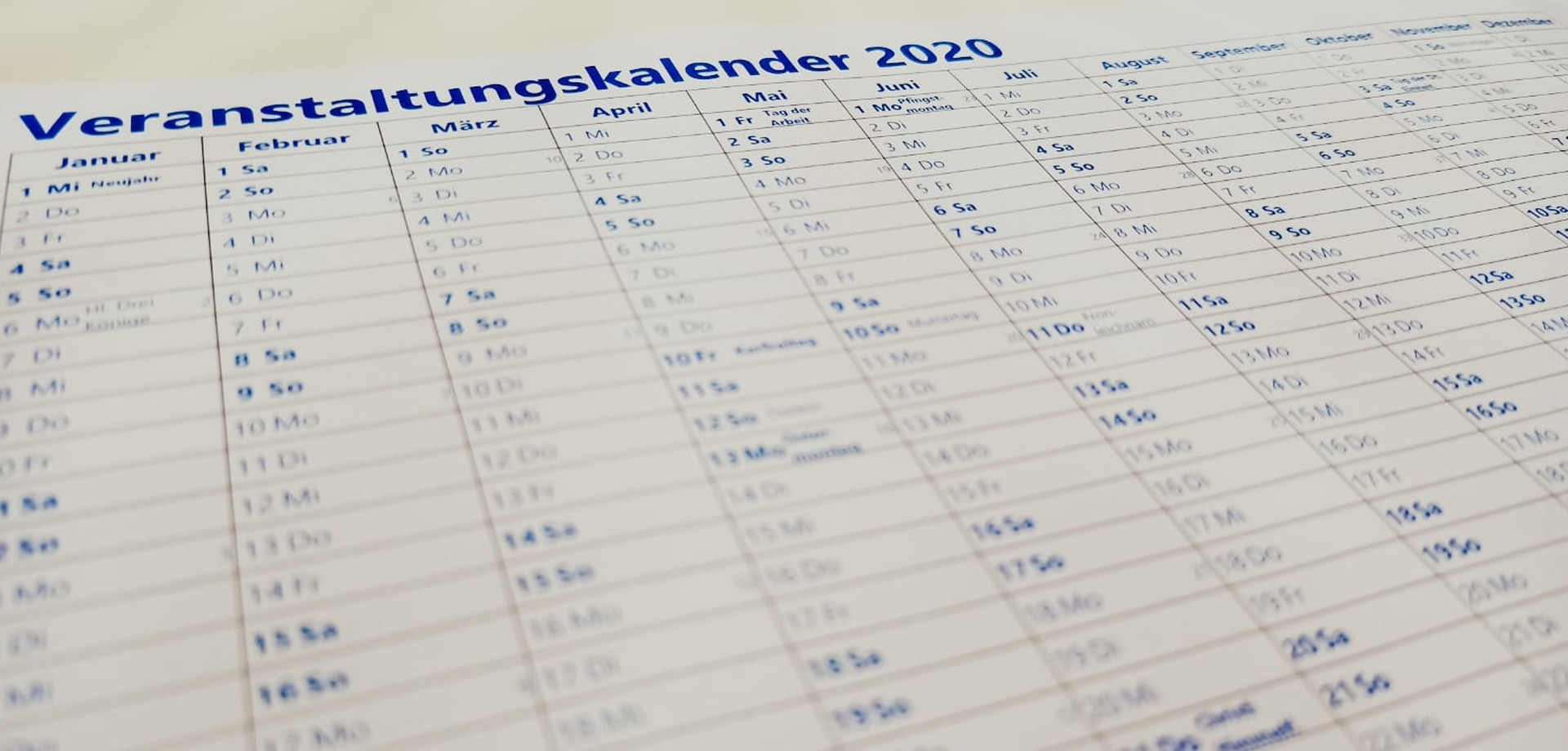 Nahaufnahme Veranstaltungskalender 2020