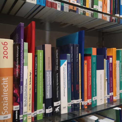 Verschiedene bunte wissenschaftliche Bücher zu psychatrischen und gesundheitlichen Themen stehen in einem Bücherregal.
