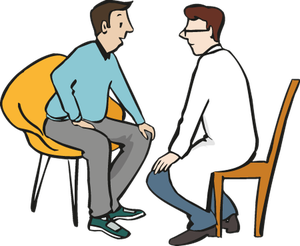 Ein Mann in einem langen, weißen Kittel sitzt einem anderen Mann auf einem Stuhl gegenüber und hört aufmerksam zu, was dieser erzählt